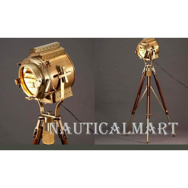 Antique searchlight vintage brass design spotlight on tripod nautical floor lamp
